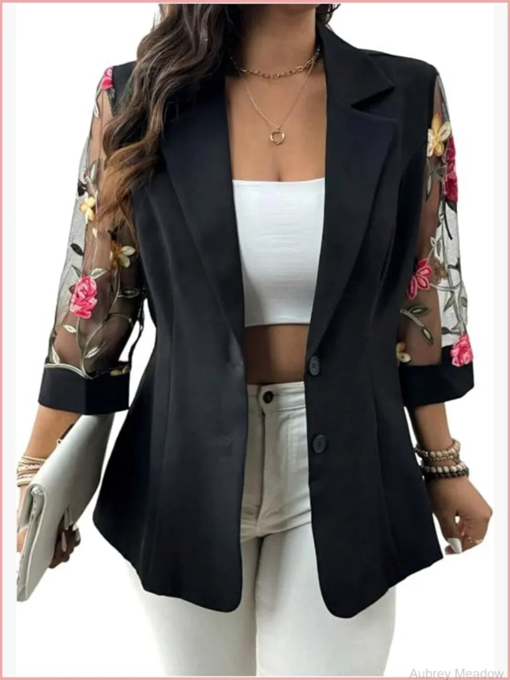 Plus Size Floral Embroidered Mesh Button Down Blazer 3/4 Sleeve